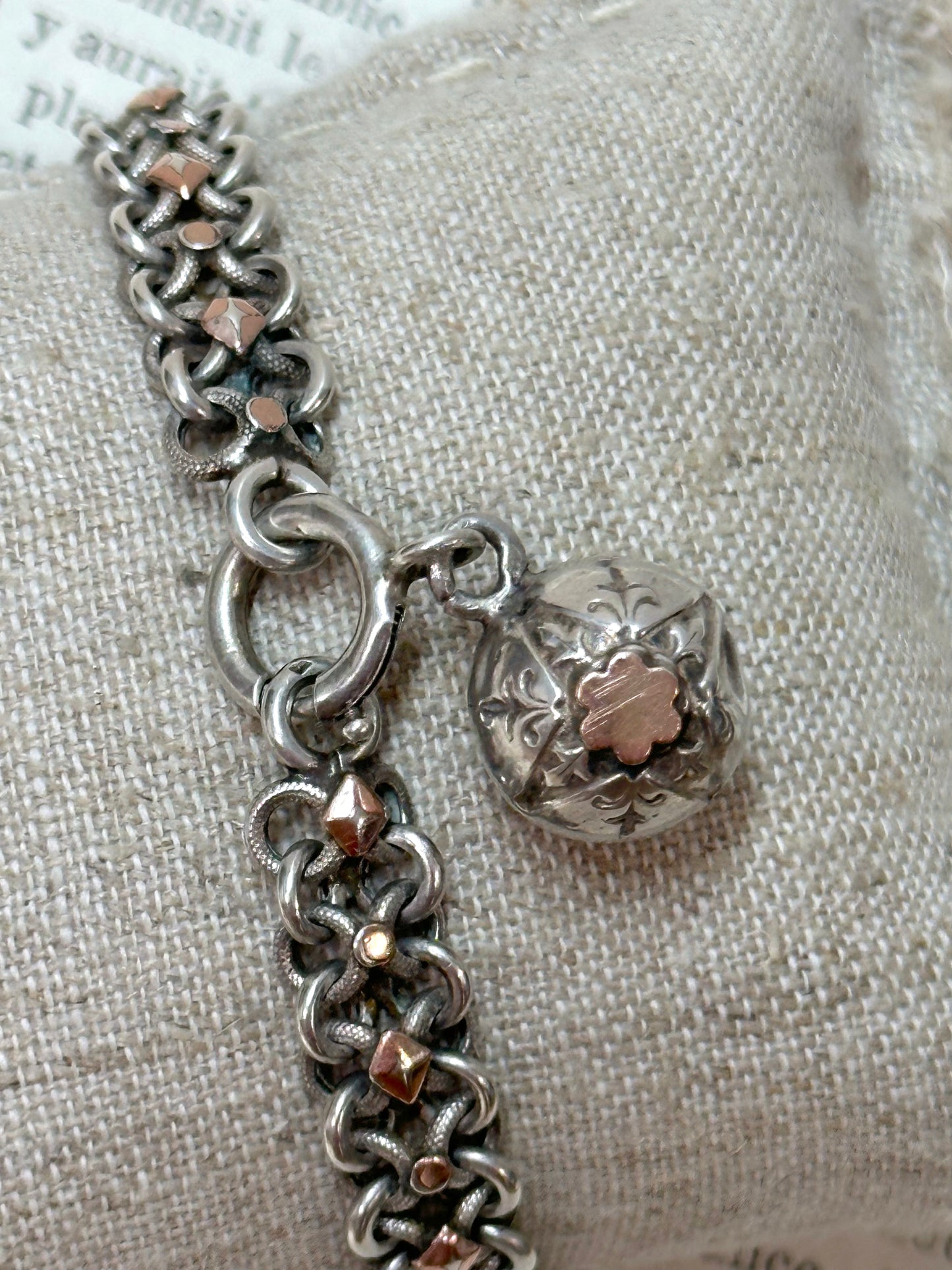 Antique French Silver Bracelet With Rose Gold Trim And Ball Charm