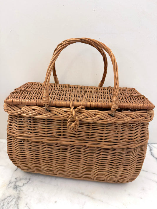 Antique French Large Woven Cane Basket With Lid
