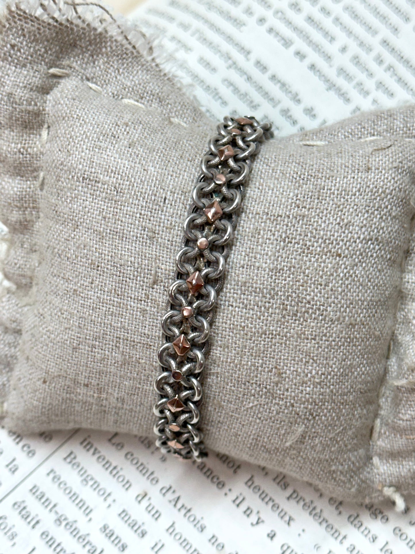 Antique French Silver Bracelet With Rose Gold Trim And Ball Charm