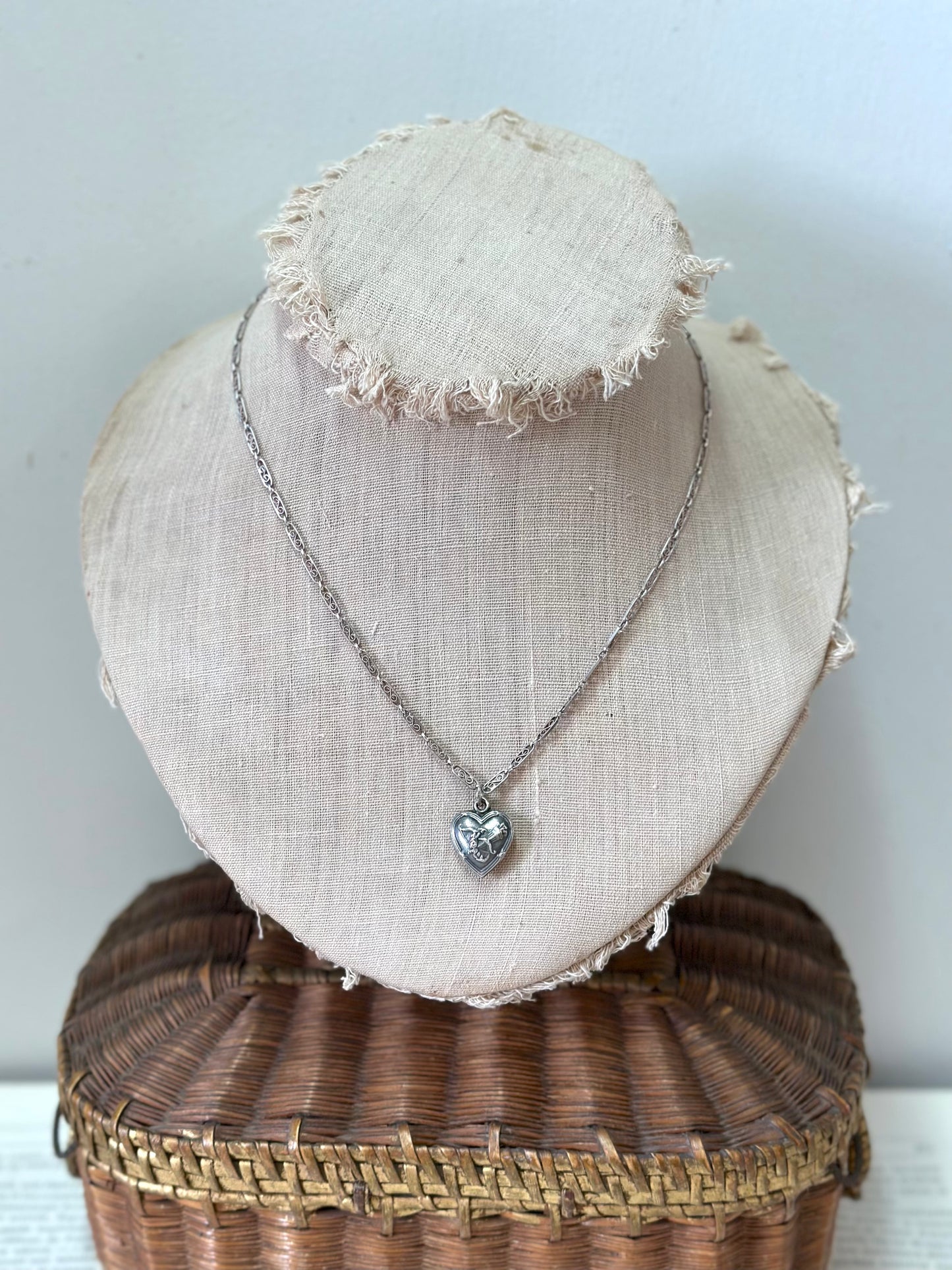 Antique French Silver Necklace With Heart Pendant And Ornate Chain