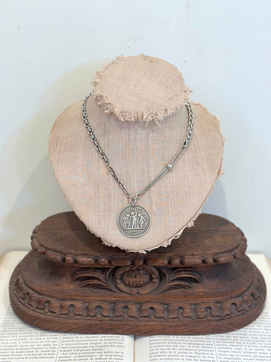 Antique French Silver Necklace With Round Horticulture Medal