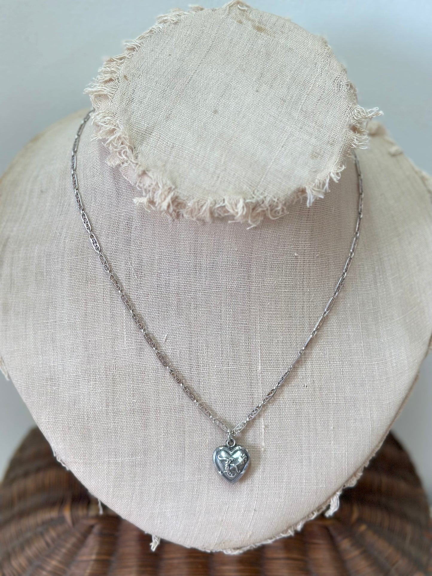 Antique French Silver Necklace With Heart Pendant And Ornate Chain