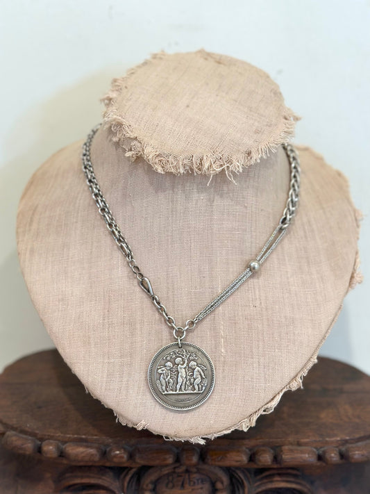Antique French Silver Necklace With Round Horticulture Medal