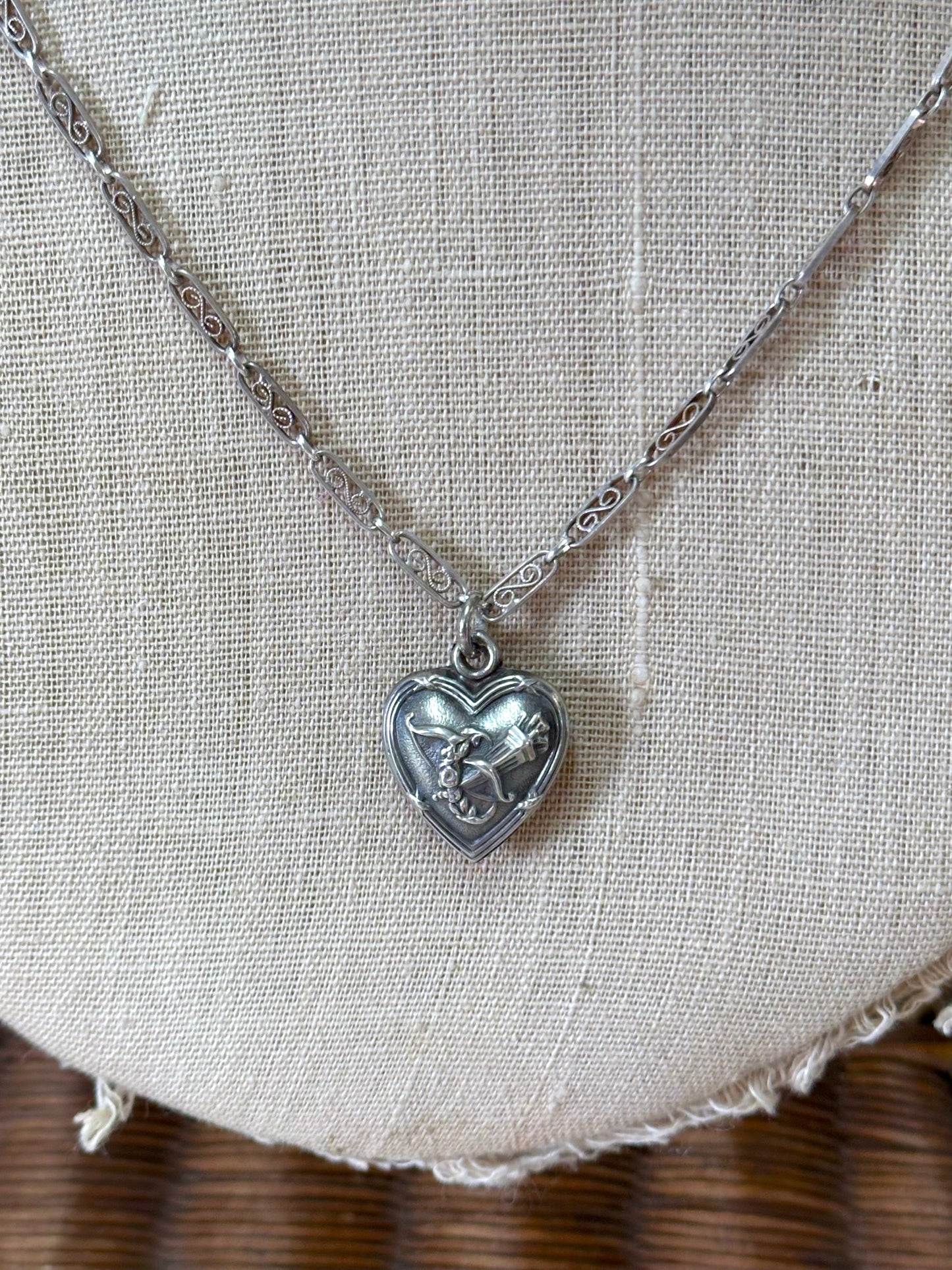 Antique French Silver Necklace With Heart Pendant And Ornate Chain