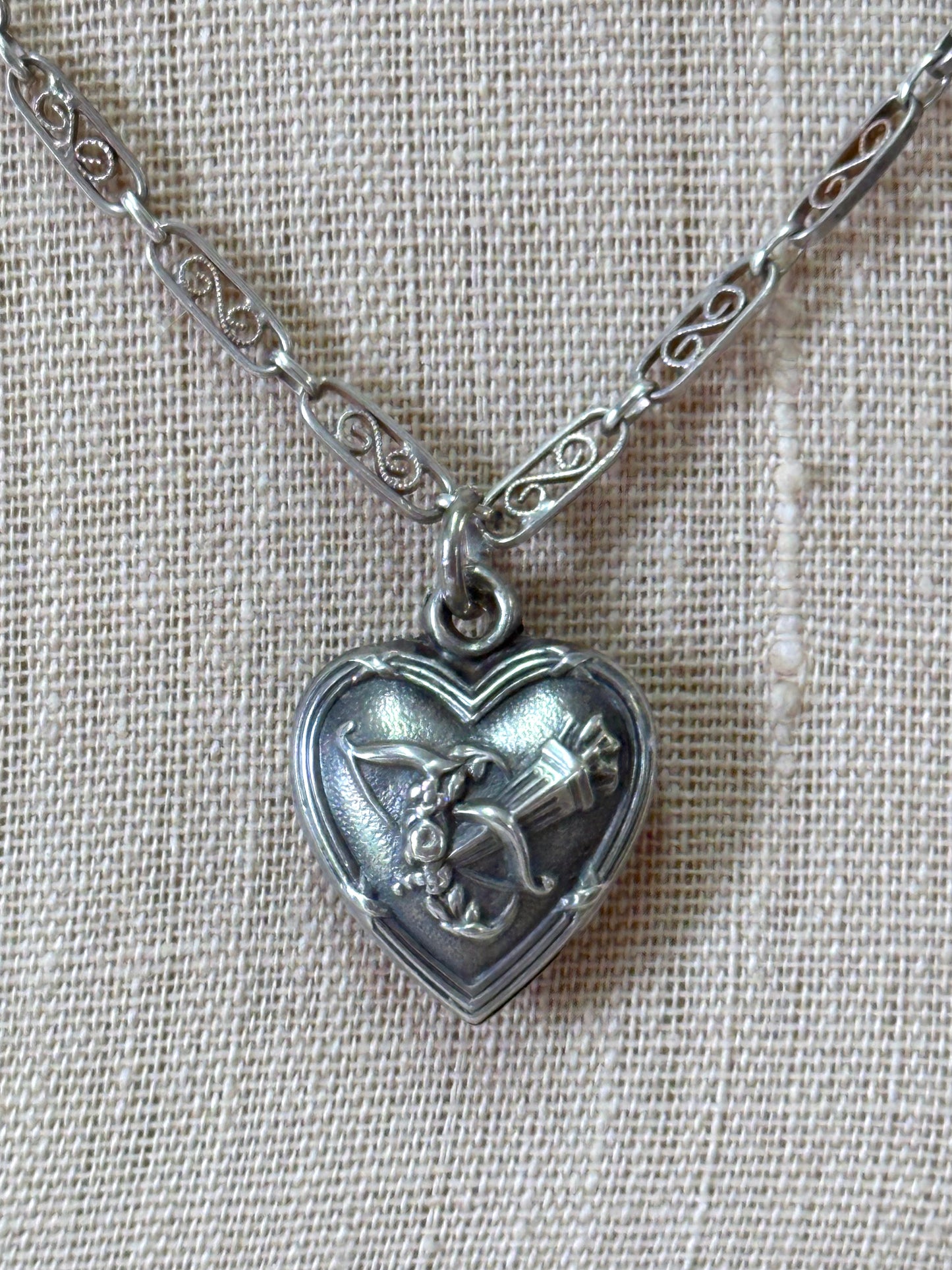 Antique French Silver Necklace With Heart Pendant And Ornate Chain