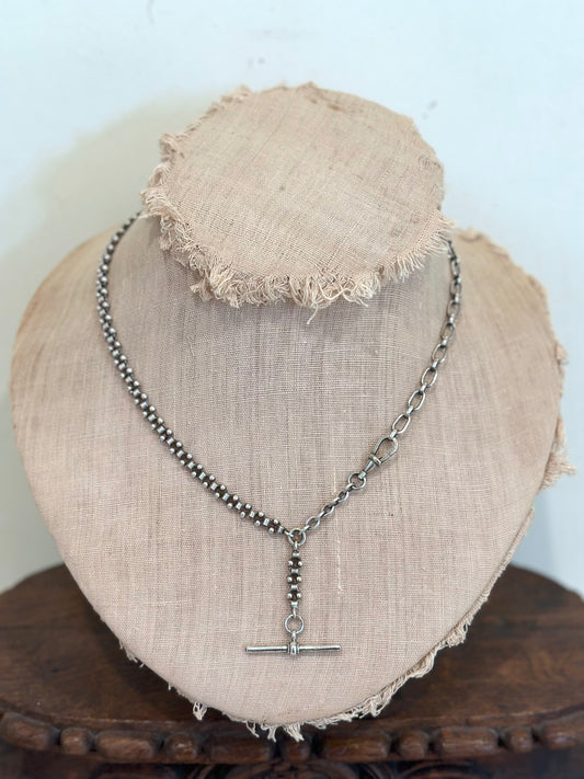 Antique French Fob Watch Chain Necklace With T-Bar