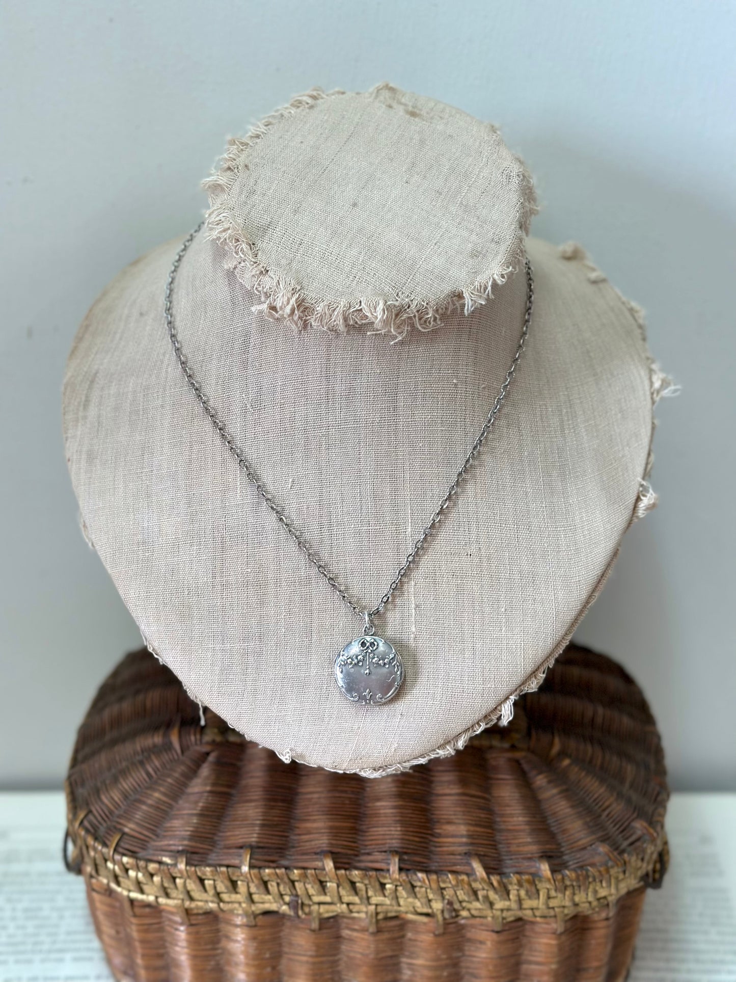 Antique French Silver Necklace Round Flower And Bow Locket