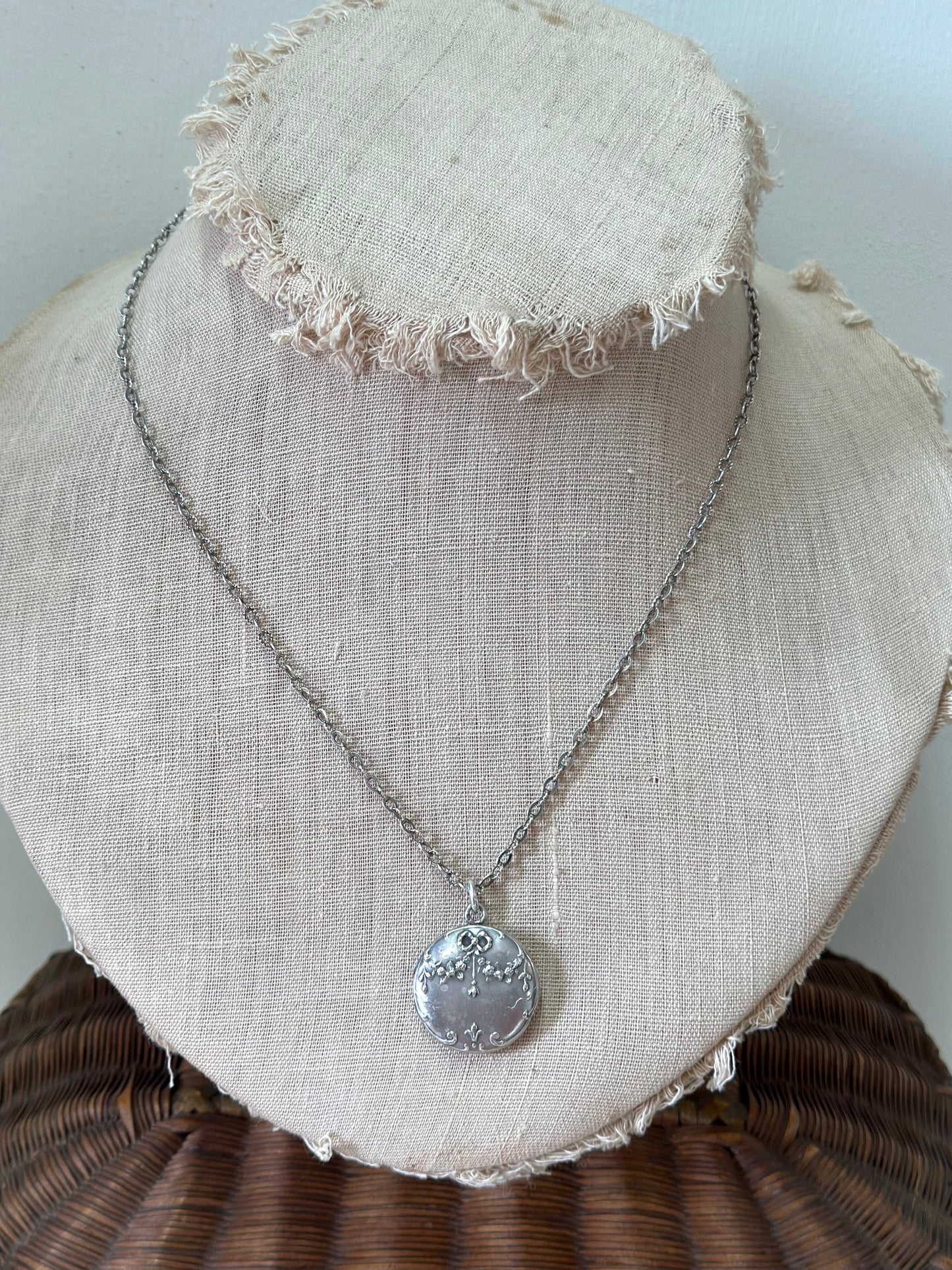 Antique French Silver Necklace Round Flower And Bow Locket