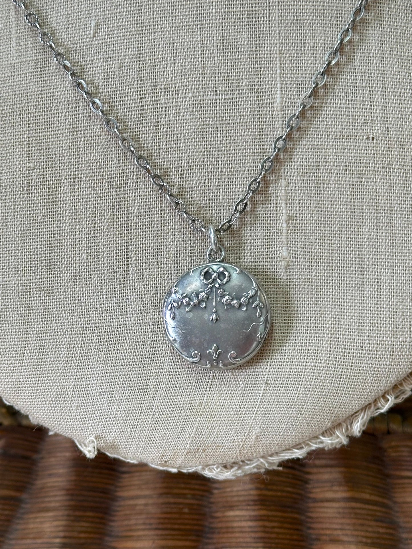 Antique French Silver Necklace Round Flower And Bow Locket