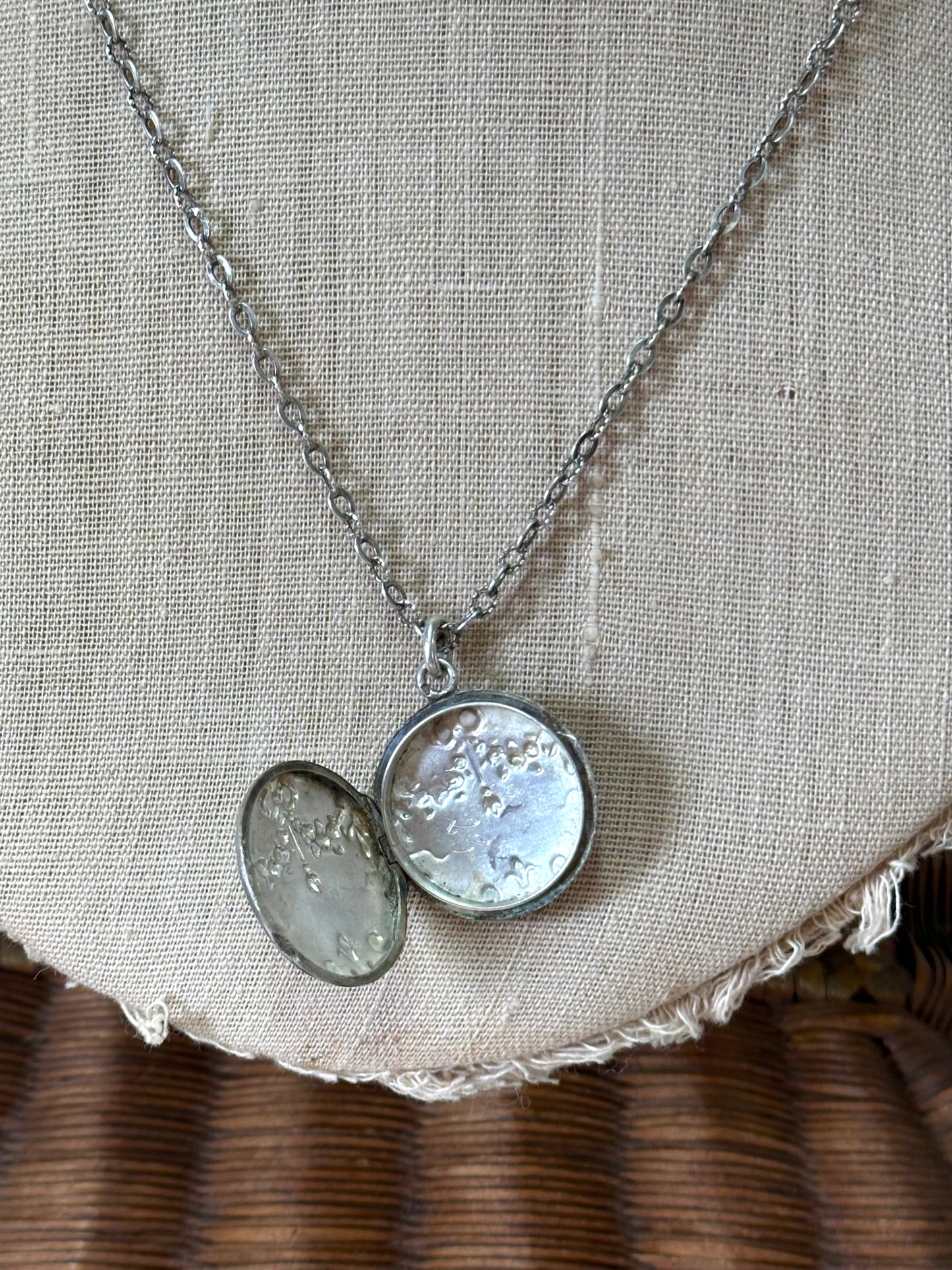 Antique French Silver Necklace Round Flower And Bow Locket