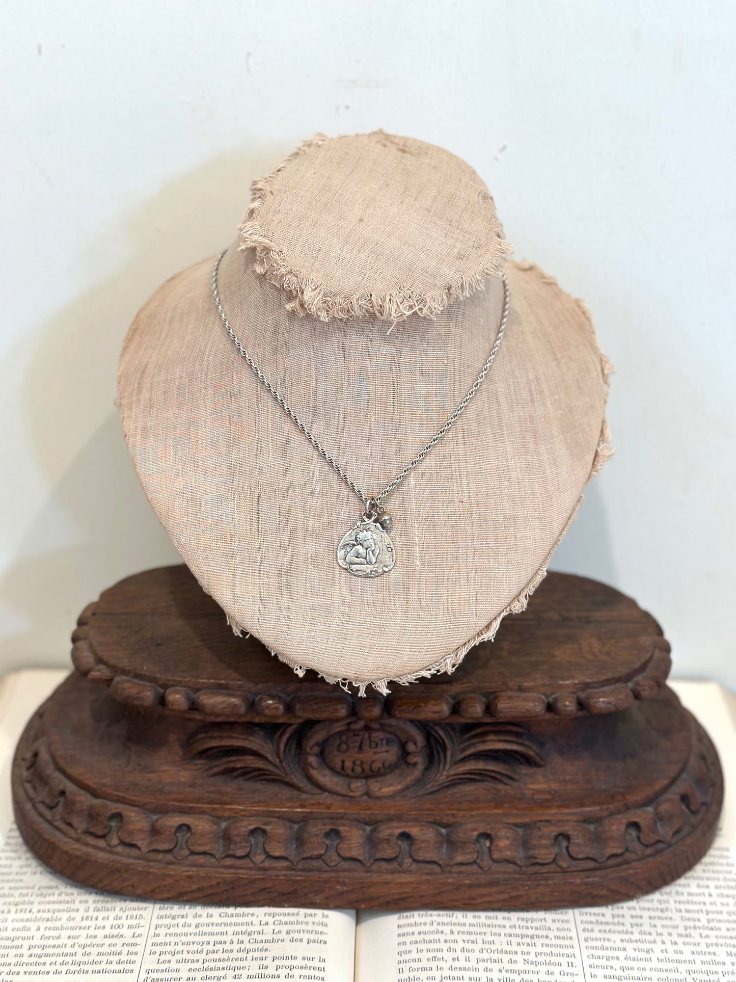 Antique French Silver Necklace With Angel Medal And Acorn