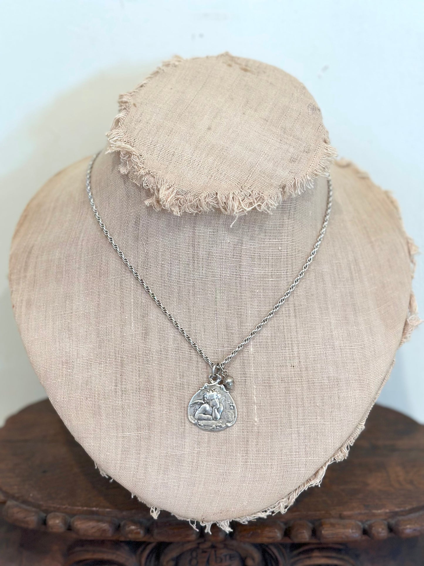Antique French Silver Necklace With Angel Medal And Acorn