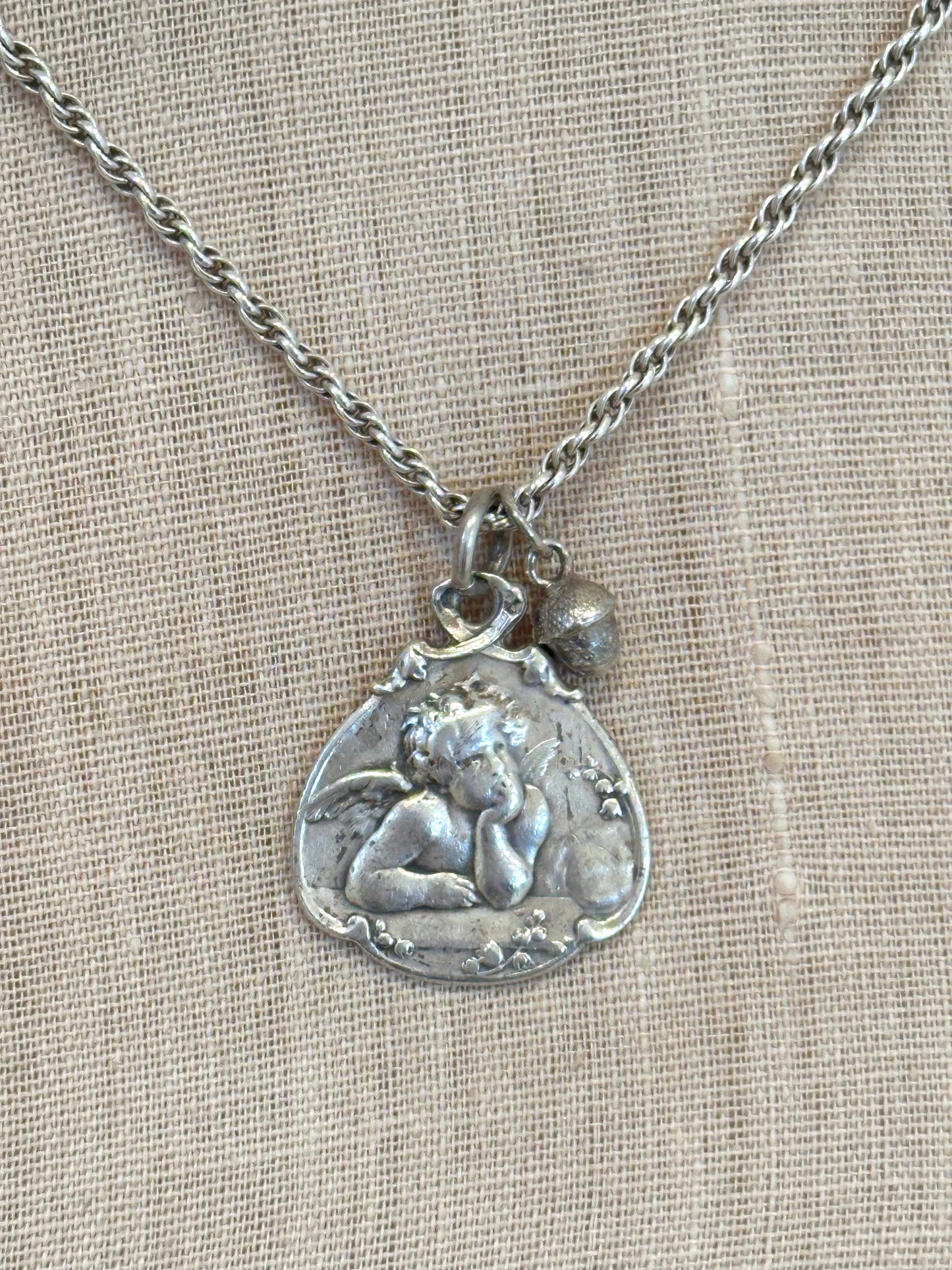 Antique French Silver Necklace With Angel Medal And Acorn