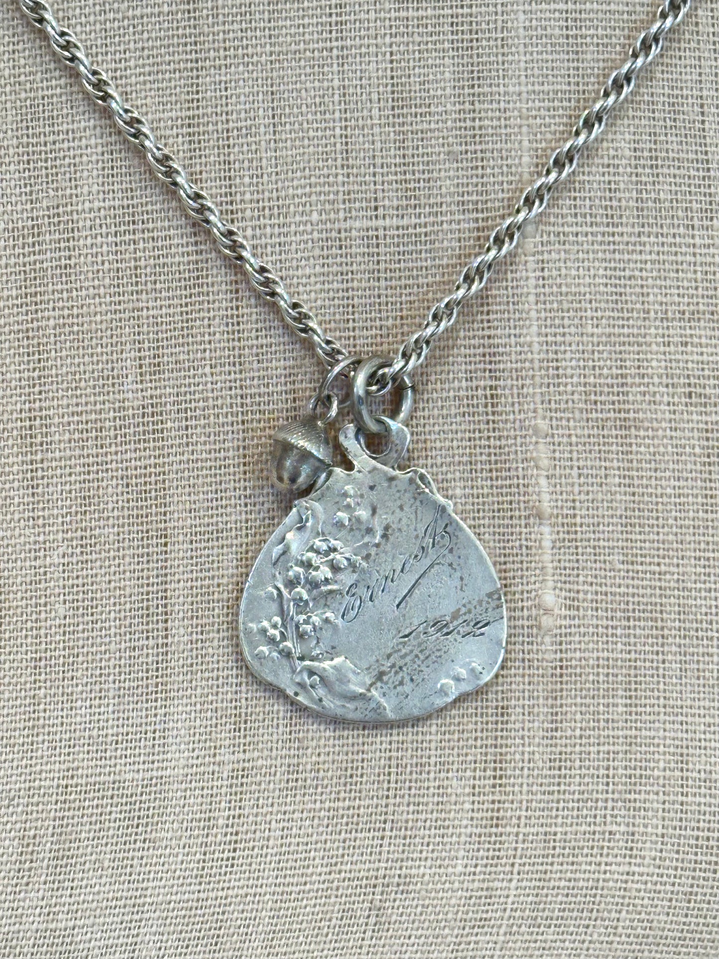 Antique French Silver Necklace With Angel Medal And Acorn