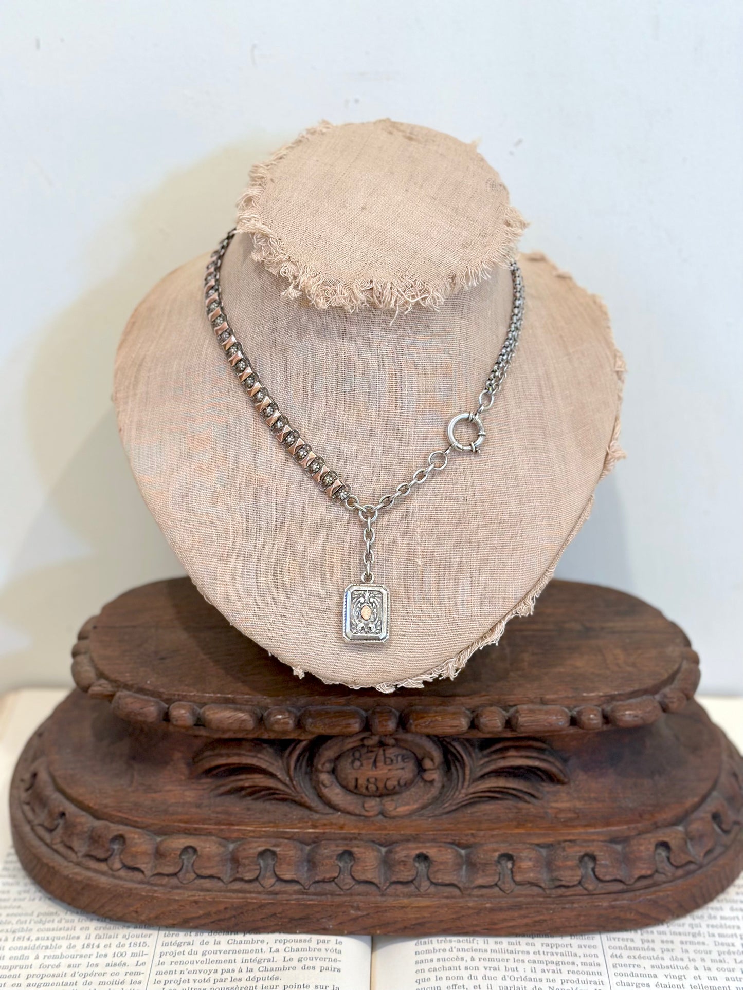 Antique French Rose Gold And Silver Necklace With Fob Watch Chain