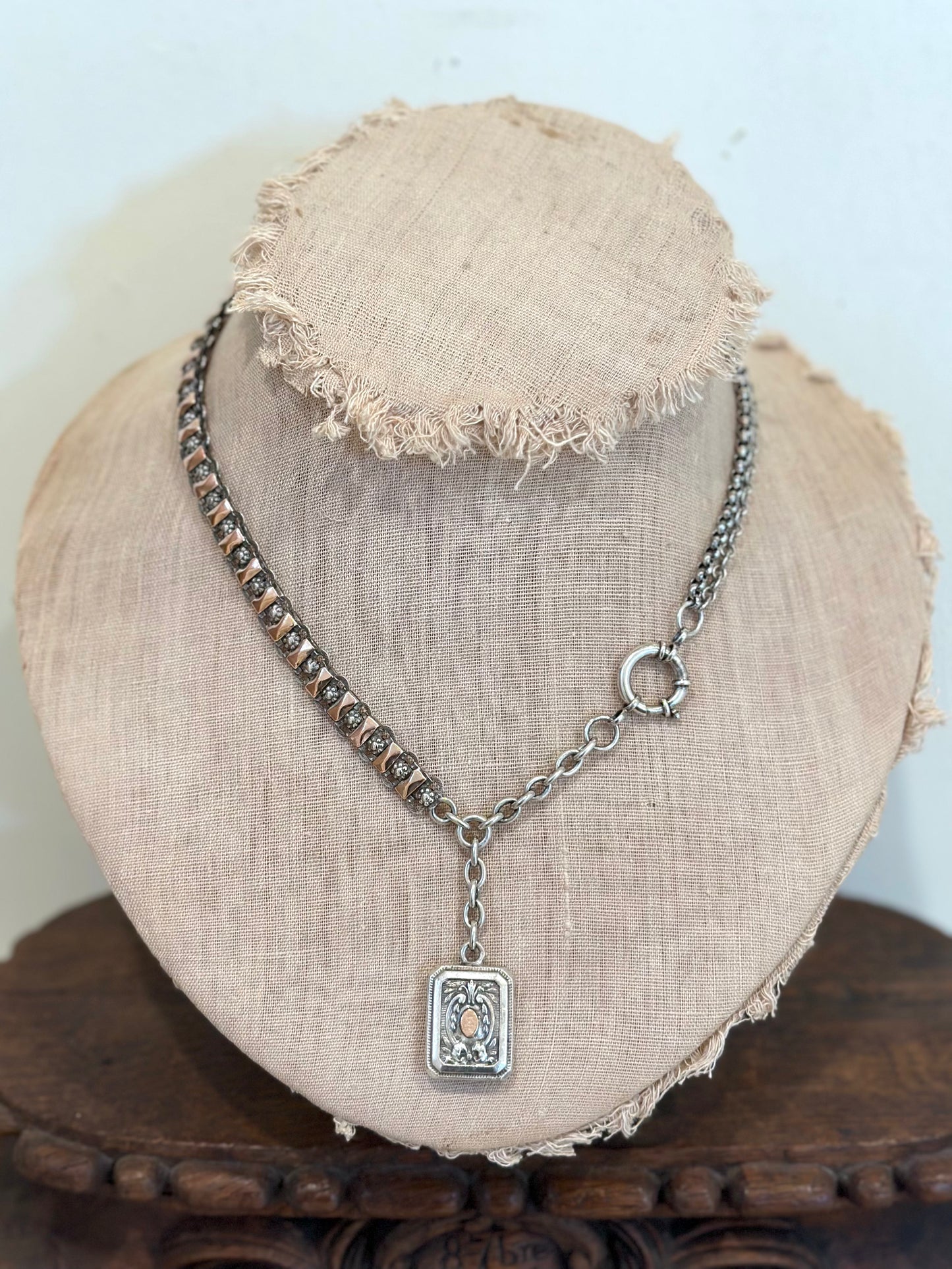 Antique French Rose Gold And Silver Necklace With Fob Watch Chain