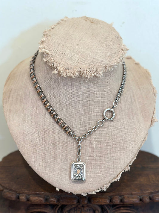 Antique French Rose Gold And Silver Necklace With Fob Watch Chain