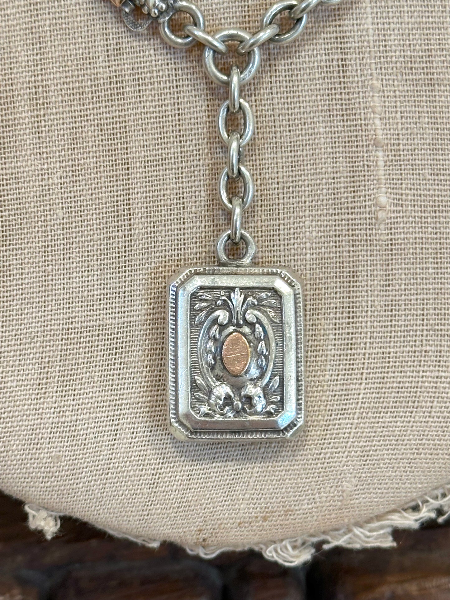 Antique French Rose Gold And Silver Necklace With Fob Watch Chain