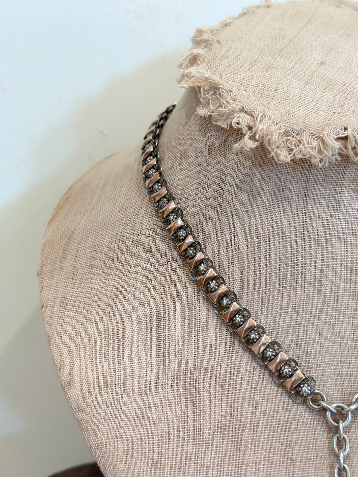 Antique French Rose Gold And Silver Necklace With Fob Watch Chain