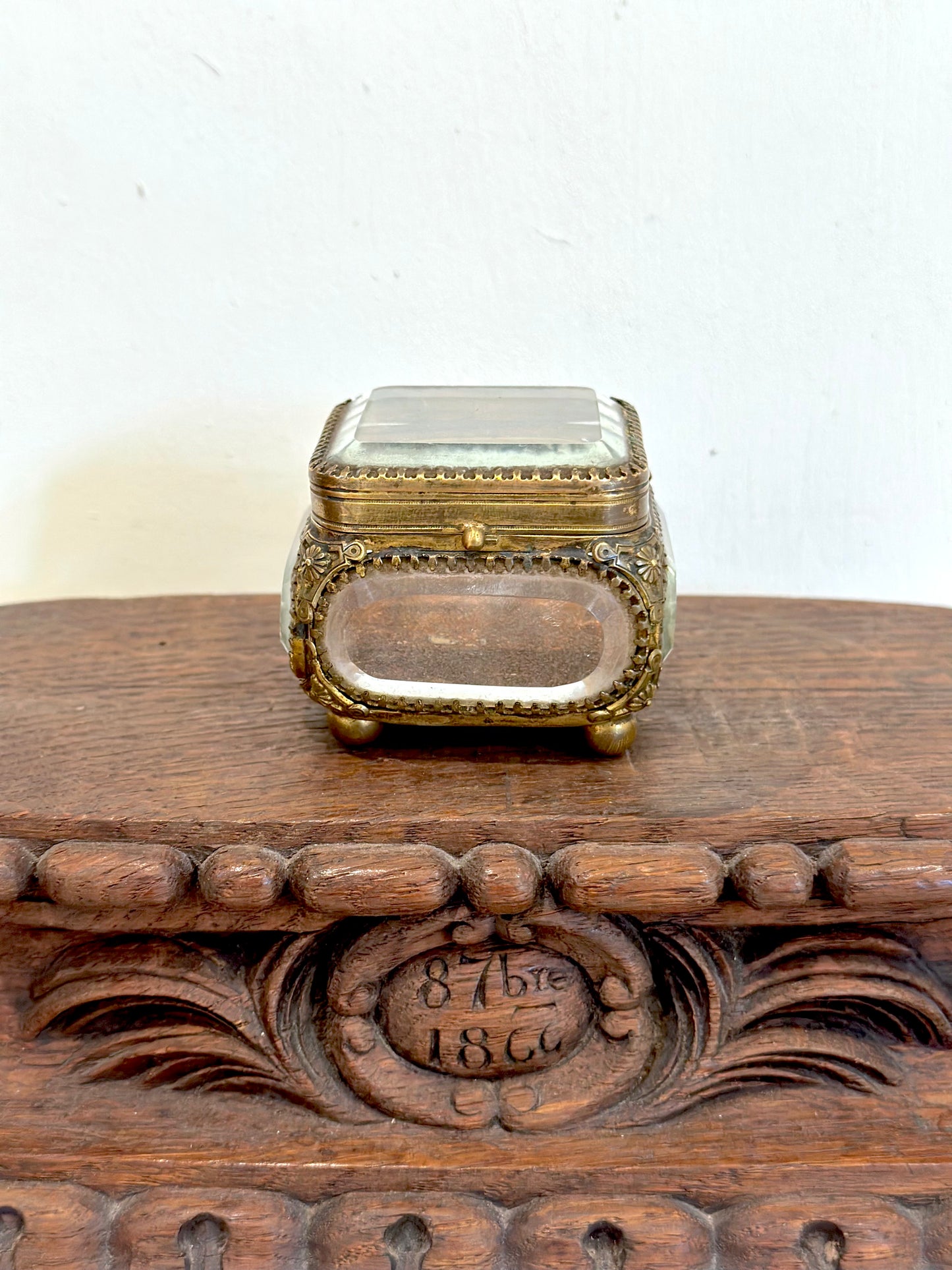 Antique French 'Boîte à Bijoux' Glass Jewellery Box - Small Square - Red Leather