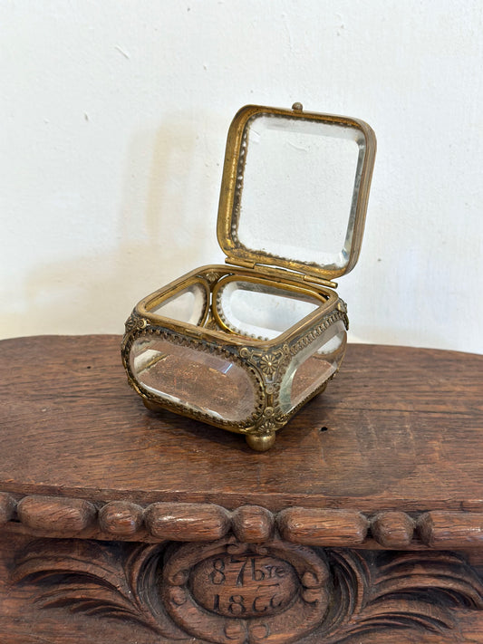 Antique French 'Boîte à Bijoux' Glass Jewellery Box - Small Square - Red Leather