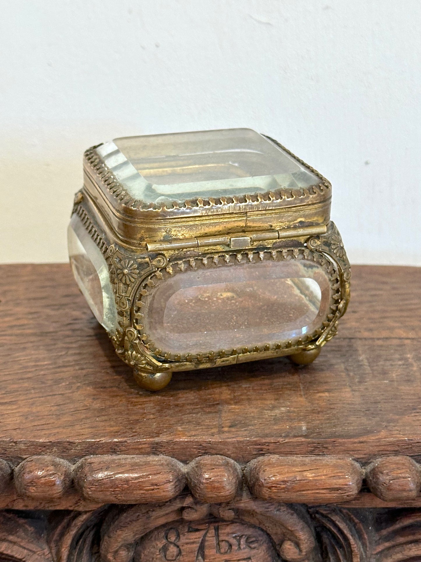 Antique French 'Boîte à Bijoux' Glass Jewellery Box - Small Square - Red Leather