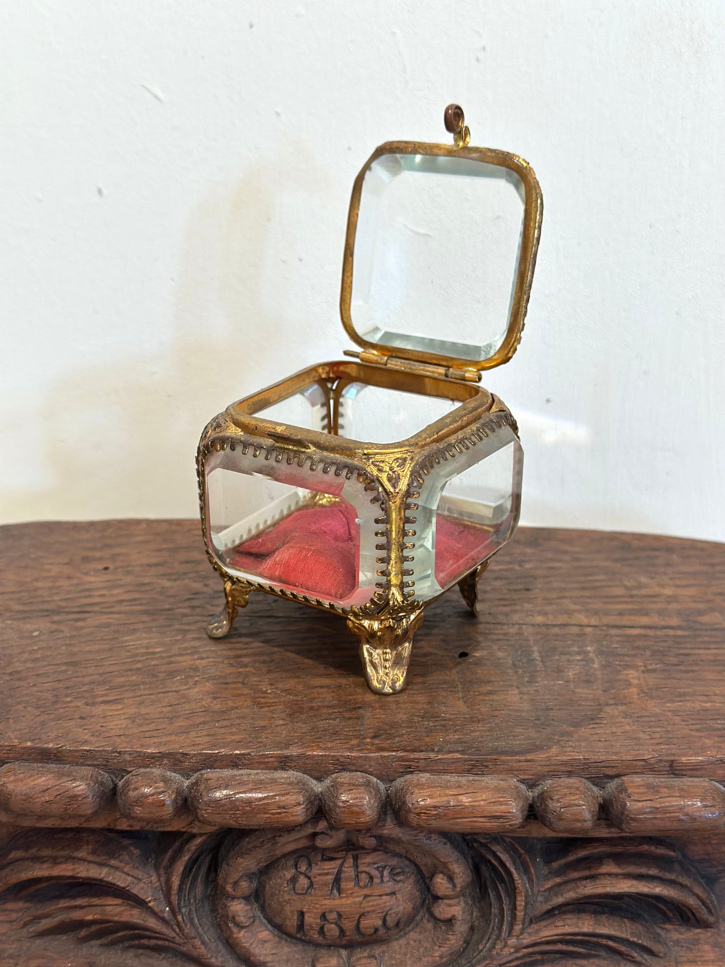 Antique French 'Boîte à Bijoux' Glass Jewellery Box - Small Square - Red
