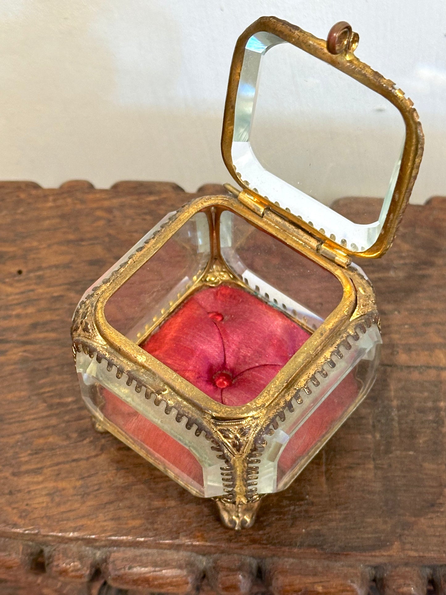 Antique French 'Boîte à Bijoux' Glass Jewellery Box - Small Square - Red