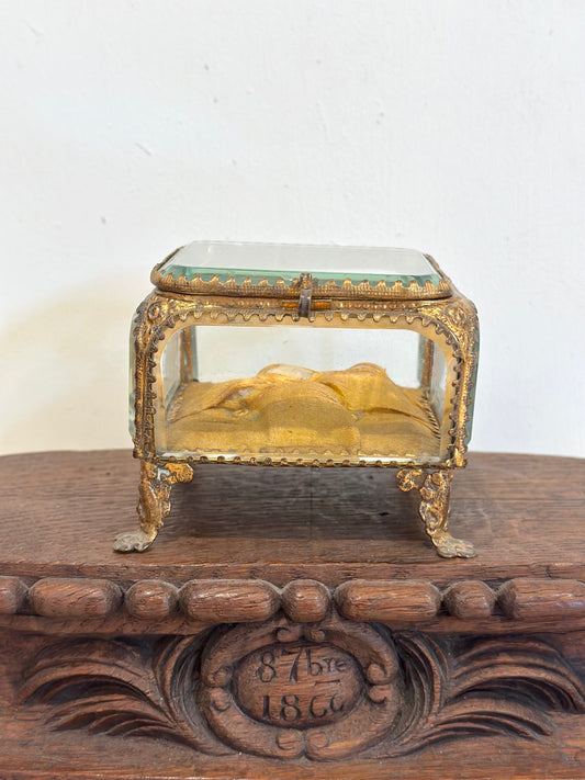 Antique French 'Boîte à Bijoux' Glass Jewellery Box - Large Square - Mustard Yellow