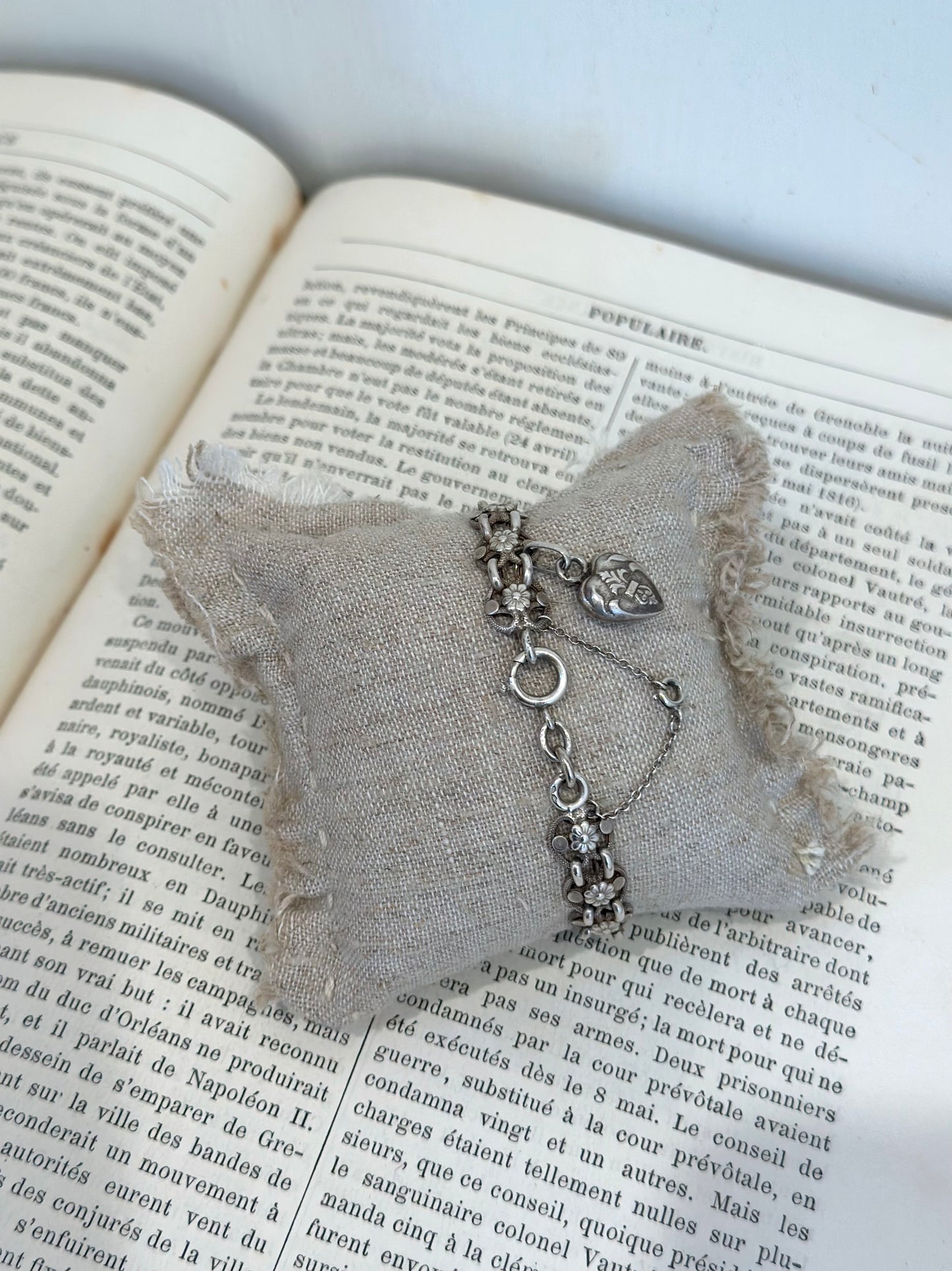 Antique French Silver Bracelet With Flower Chain & Heart Charm
