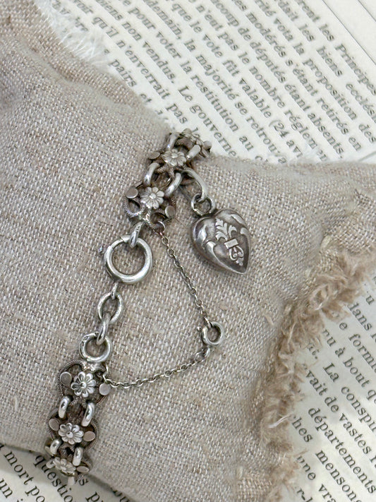Antique French Silver Bracelet With Flower Chain & Heart Charm