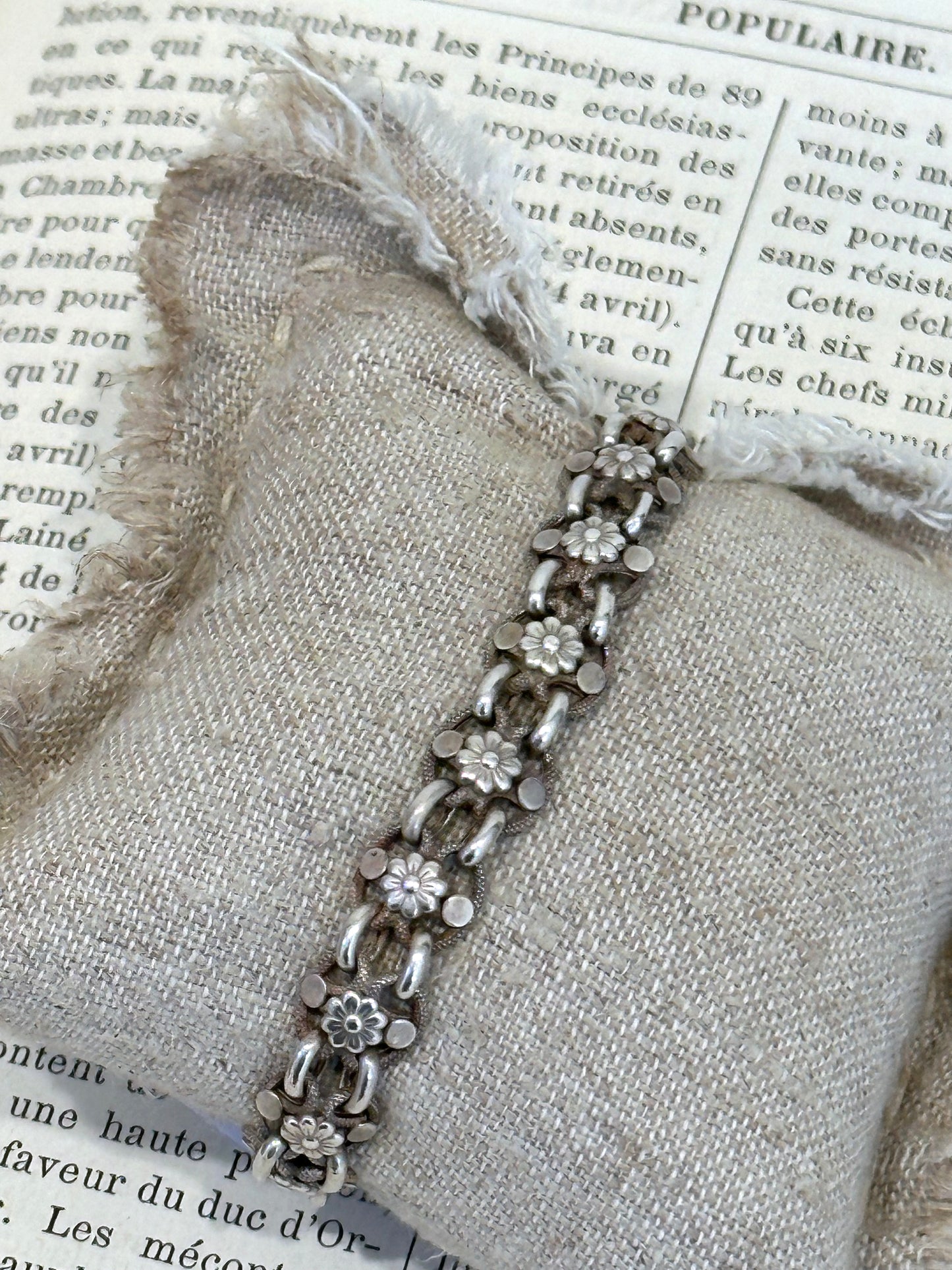 Antique French Silver Bracelet With Flower Chain & Heart Charm