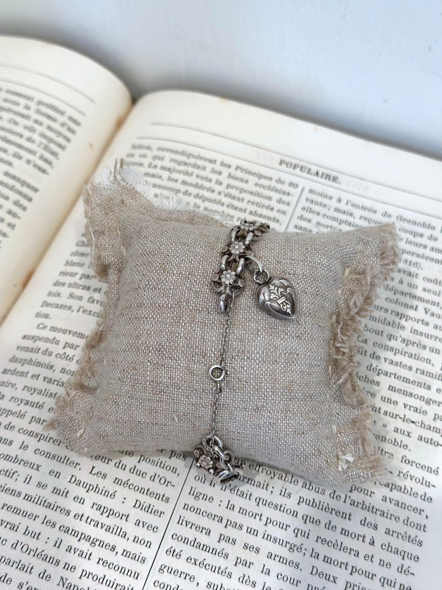 Antique French Silver Bracelet With Flower Chain & Heart Charm