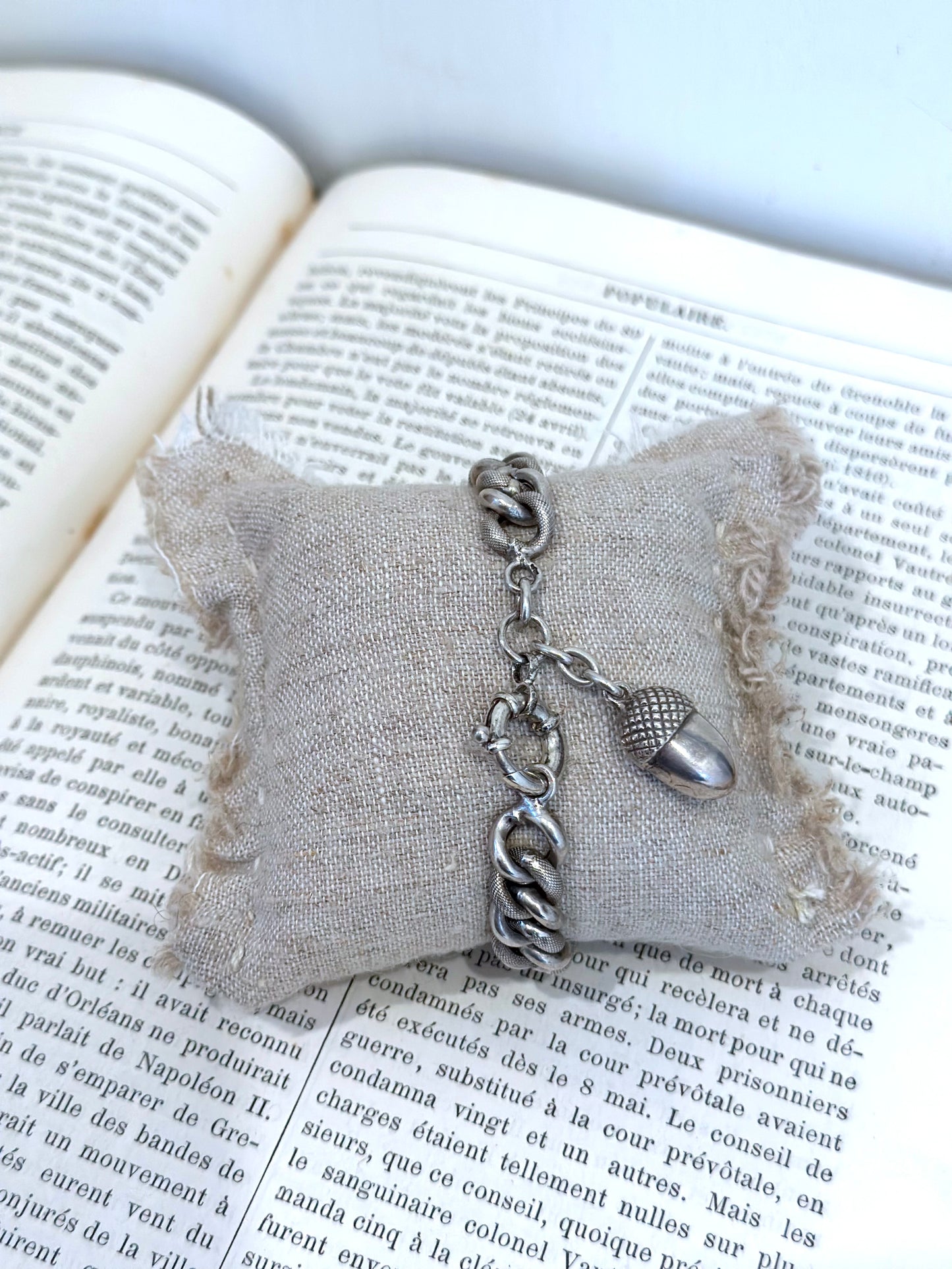 Antique French Silver Bracelet With Acorn Charm