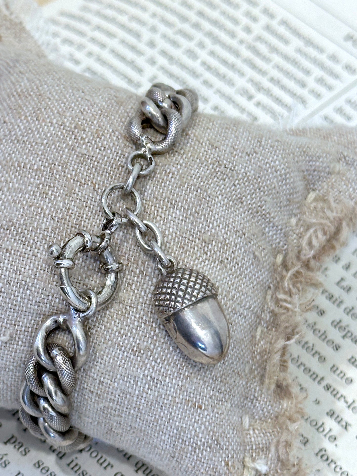 Antique French Silver Bracelet With Acorn Charm