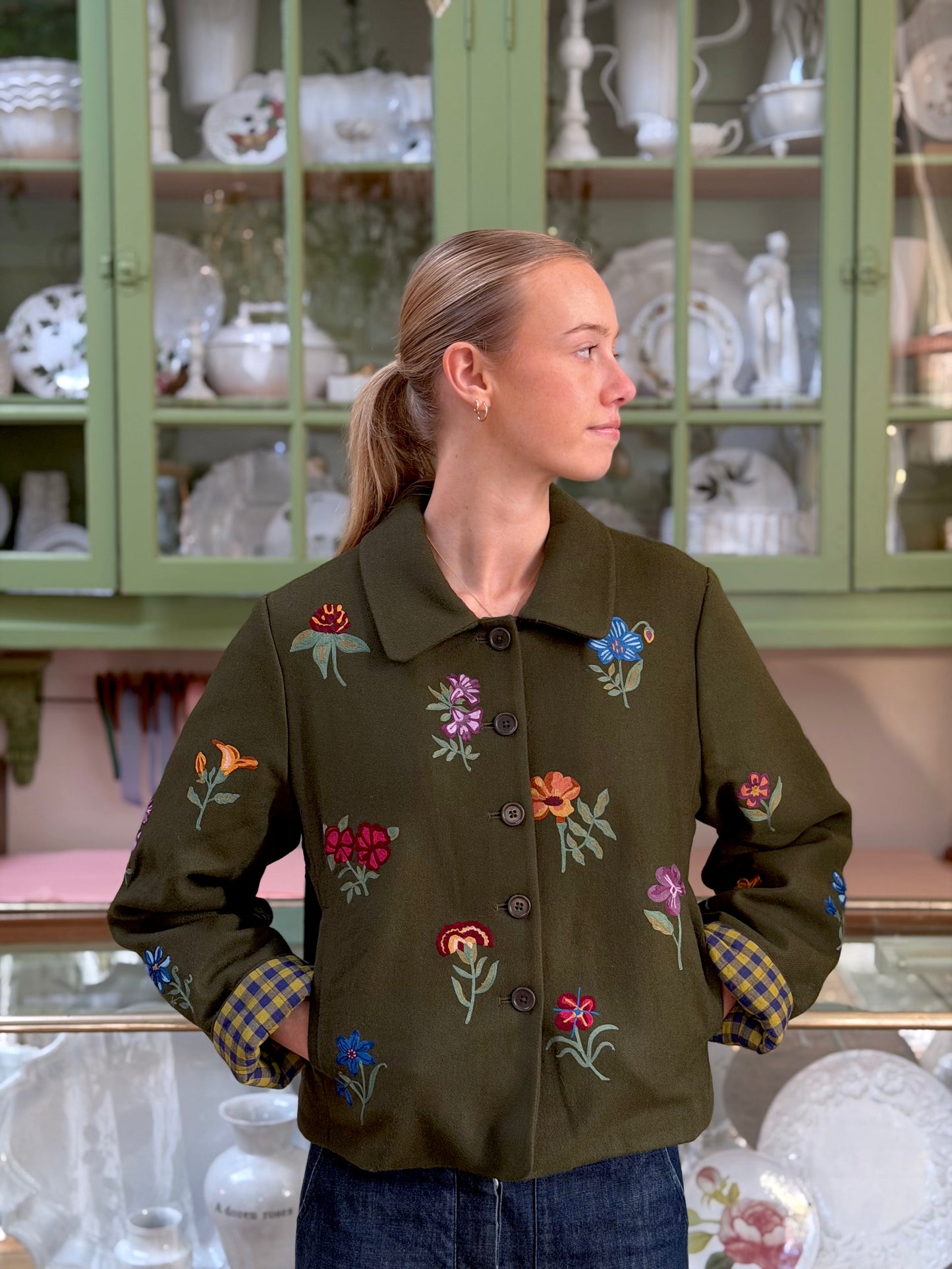 Wool Jacket With Floral Embroidery - Olive