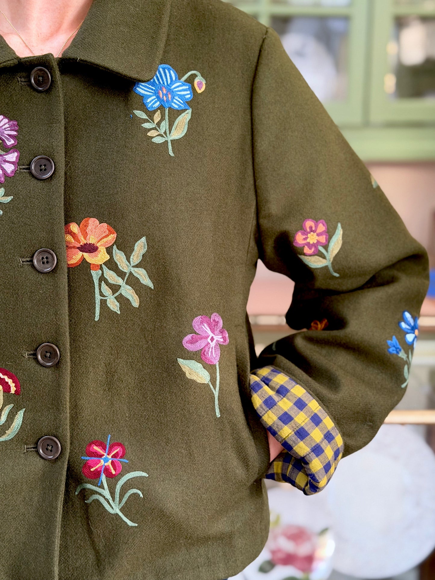 Wool Jacket With Floral Embroidery - Olive