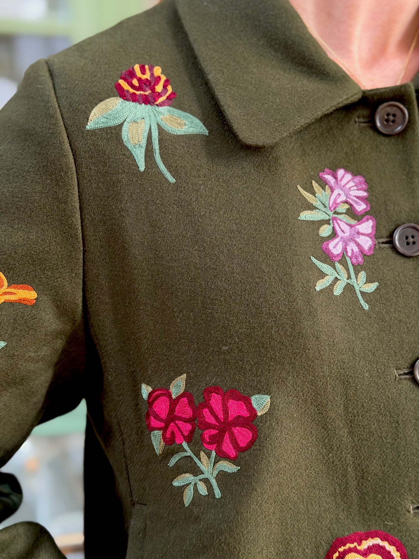 Wool Jacket With Floral Embroidery - Olive