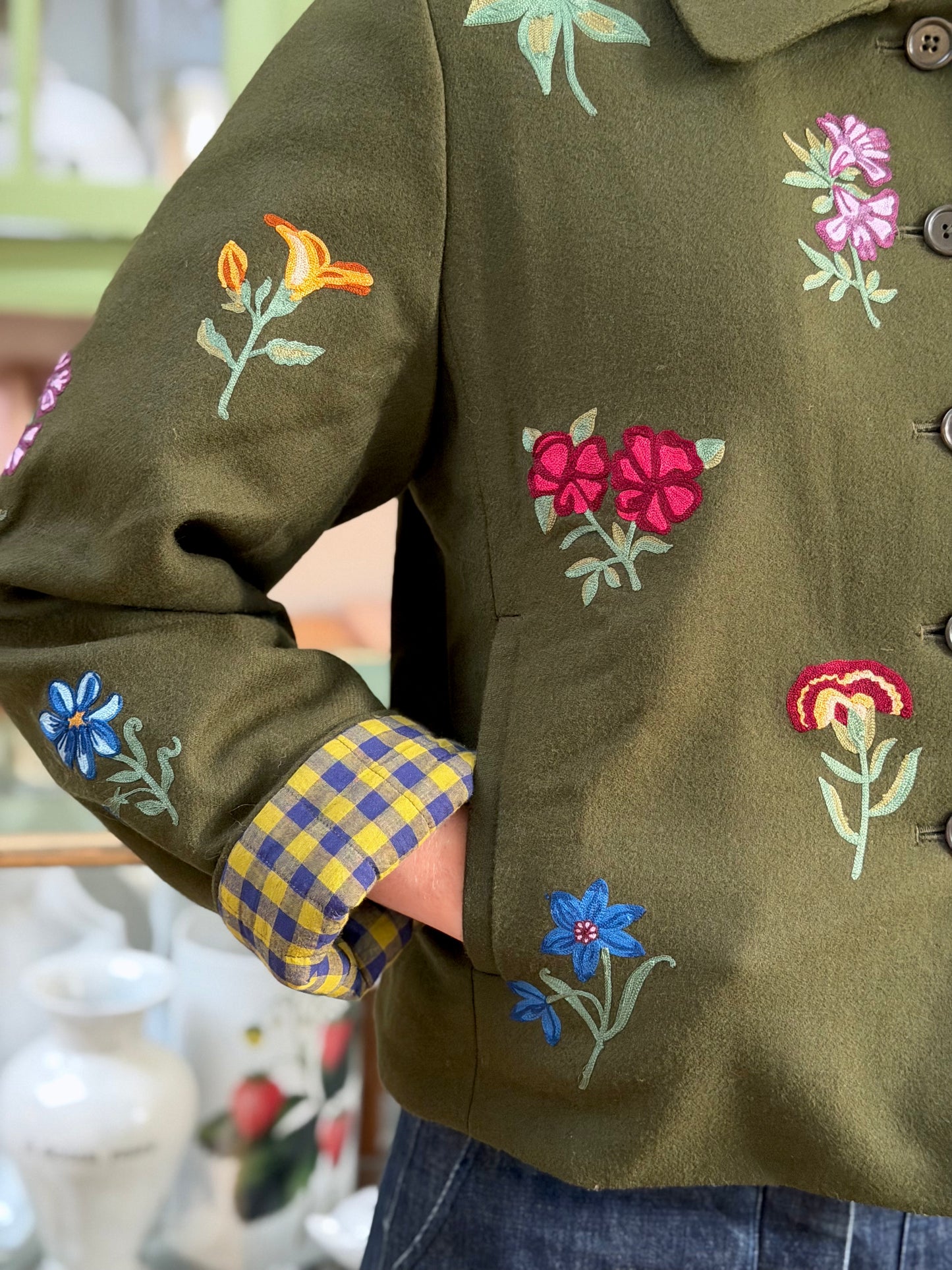 Wool Jacket With Floral Embroidery - Olive