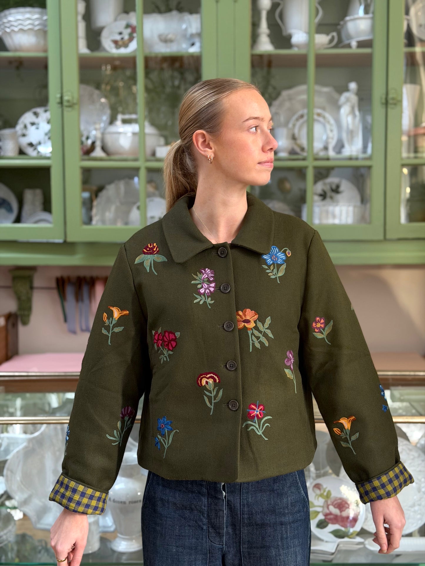 Wool Jacket With Floral Embroidery - Olive