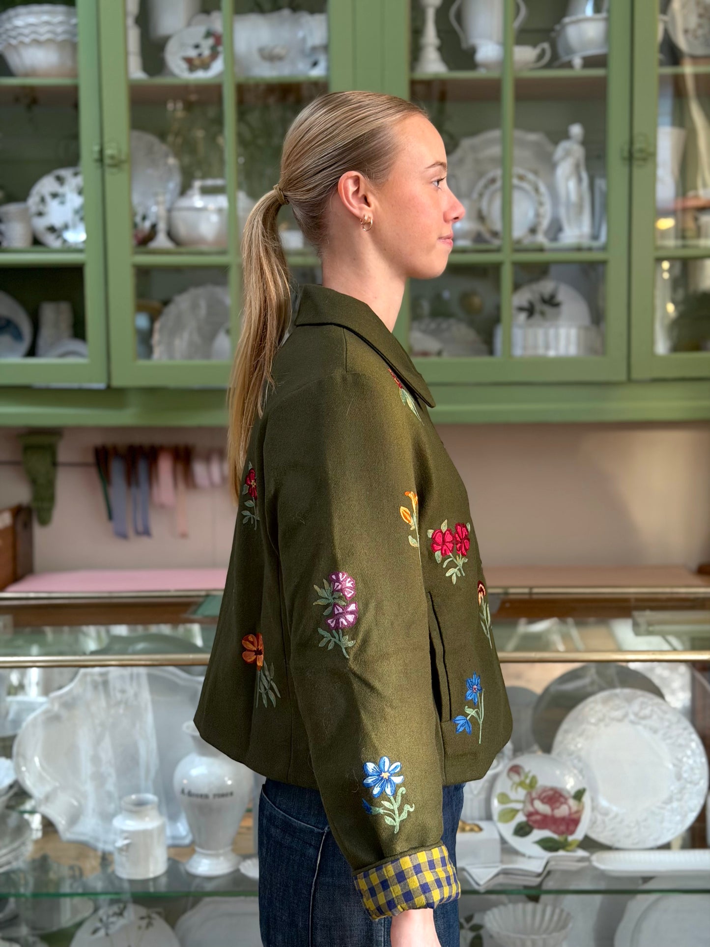 Wool Jacket With Floral Embroidery - Olive