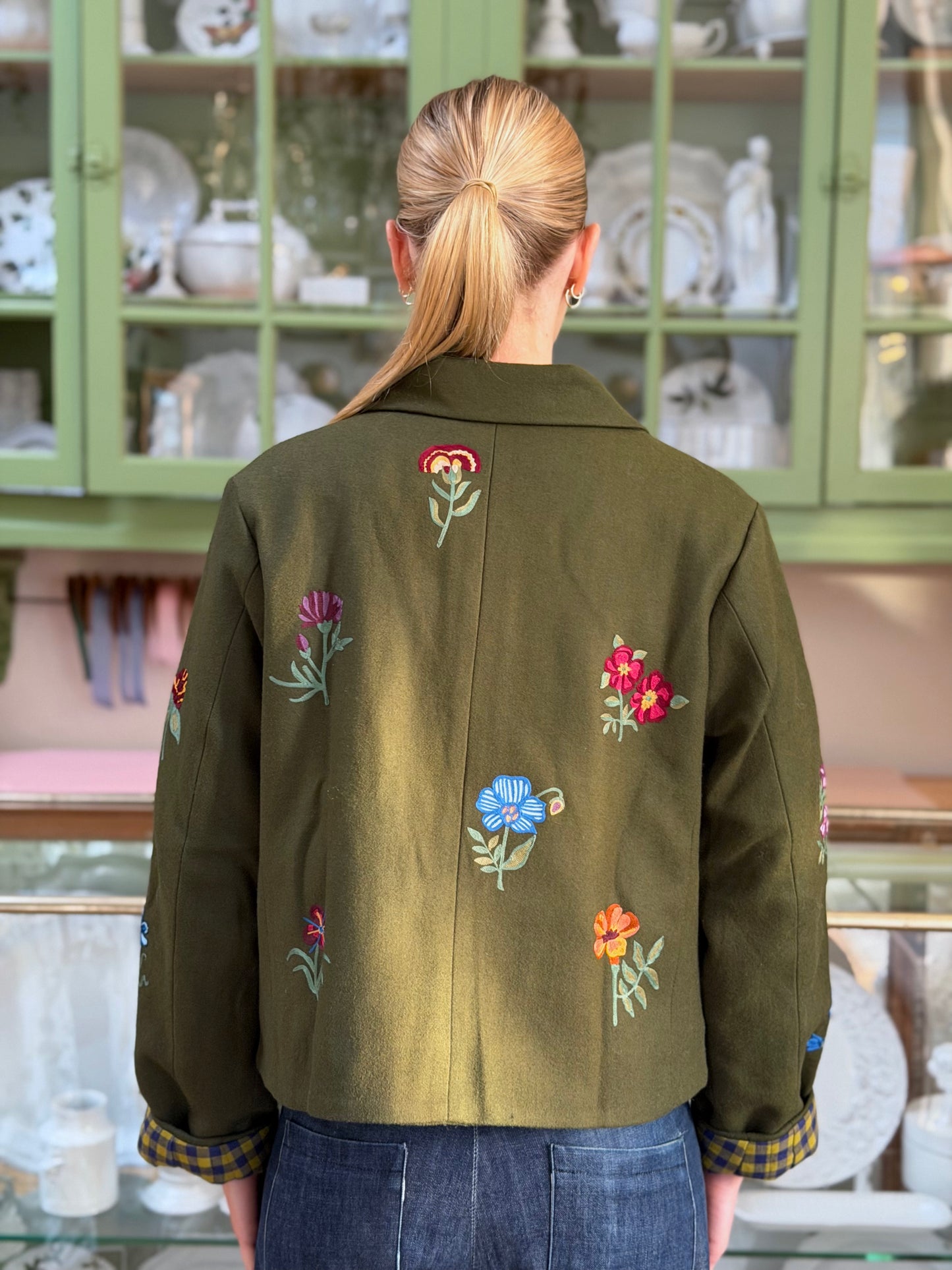 Wool Jacket With Floral Embroidery - Olive