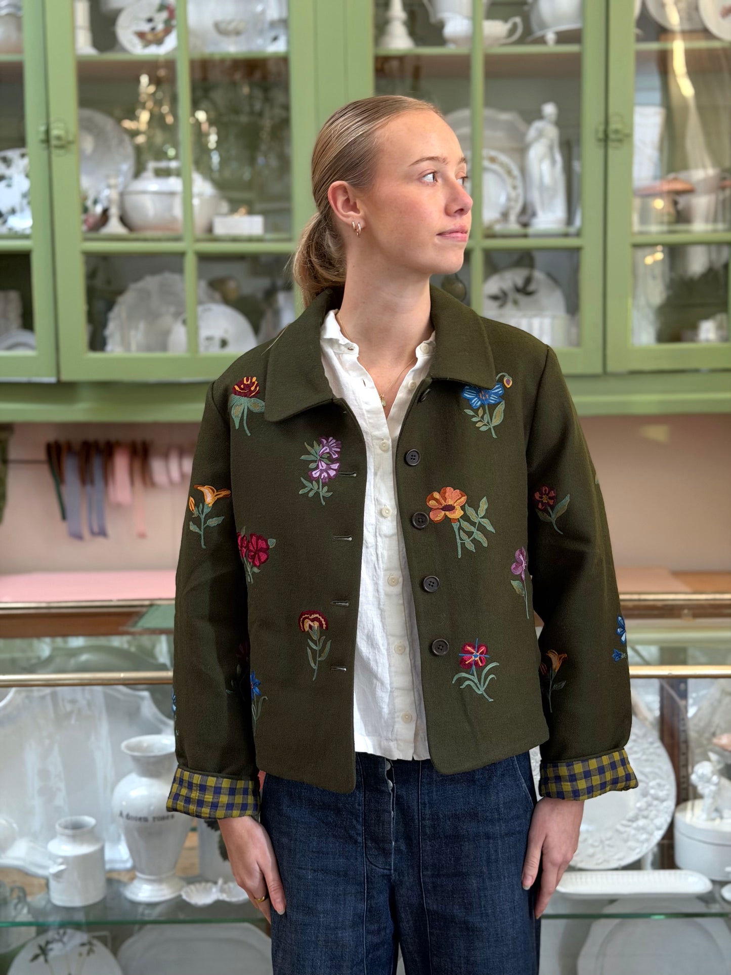 Wool Jacket With Floral Embroidery - Olive