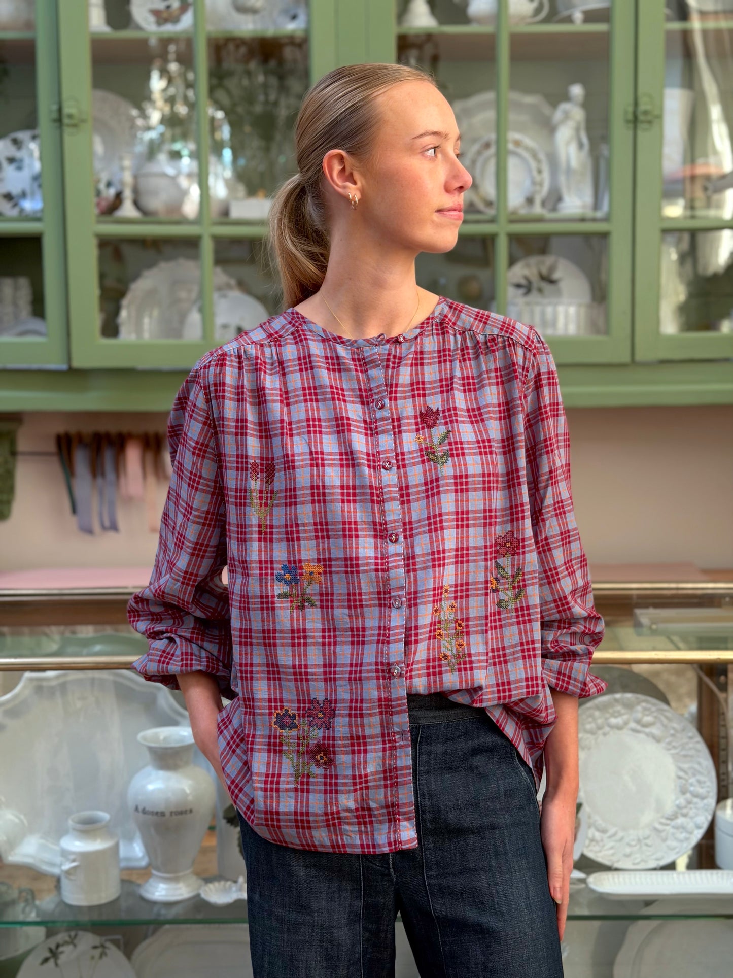 Tartan Button Up Shirt With Floral Embroidery