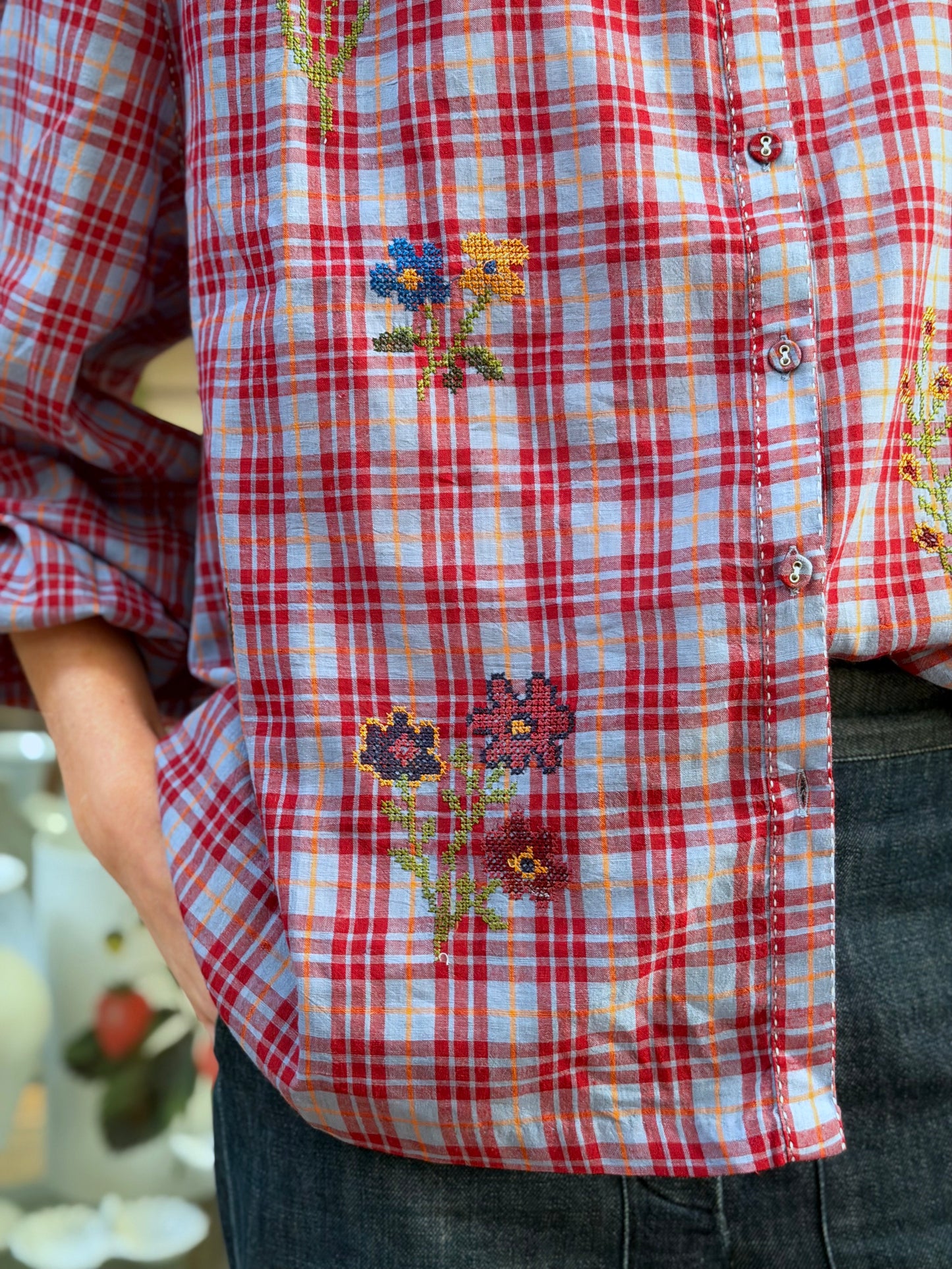 Tartan Button Up Shirt With Floral Embroidery