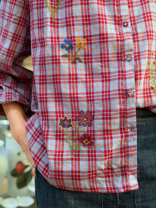 Tartan Button Up Shirt With Floral Embroidery