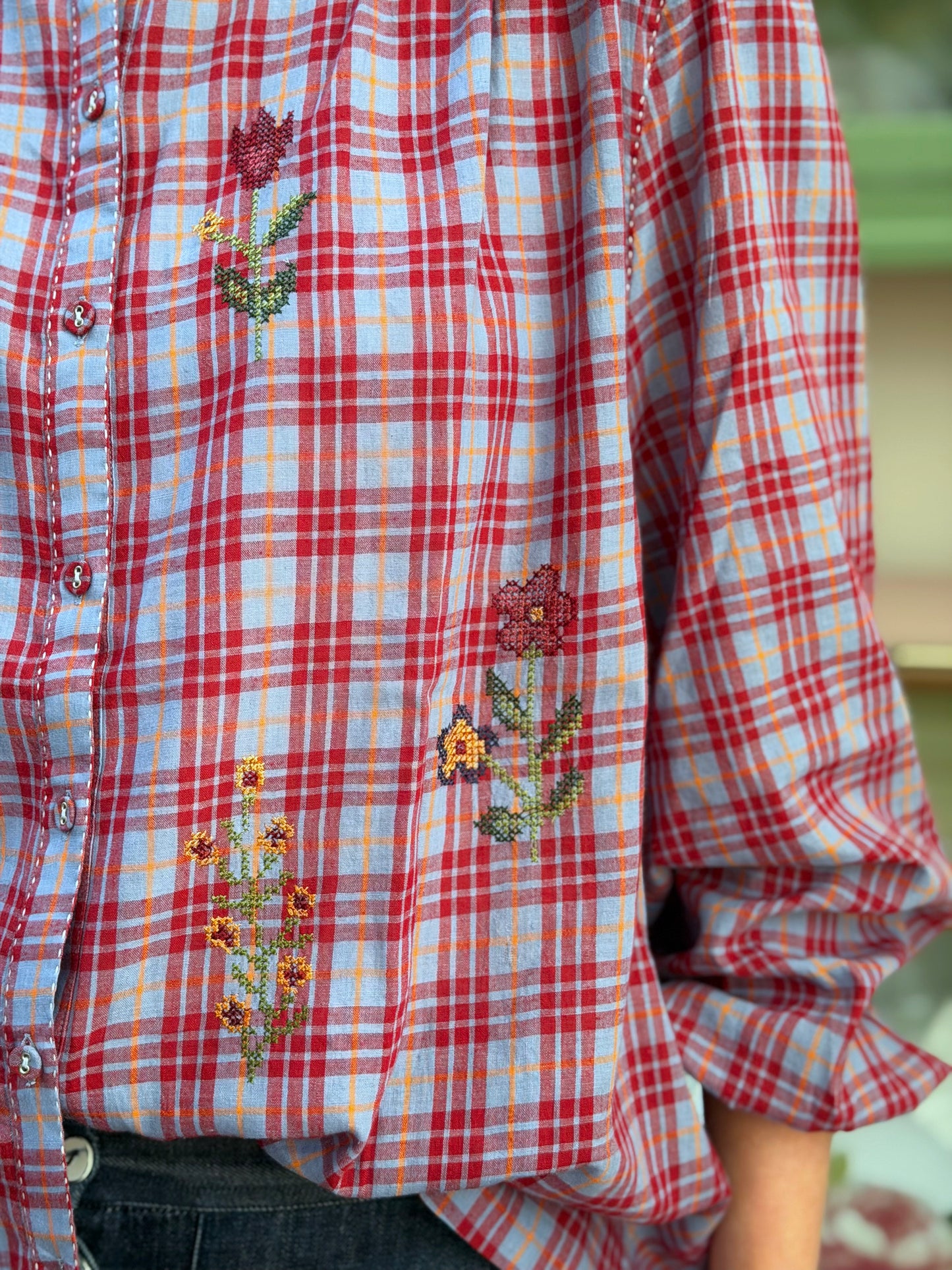 Tartan Button Up Shirt With Floral Embroidery