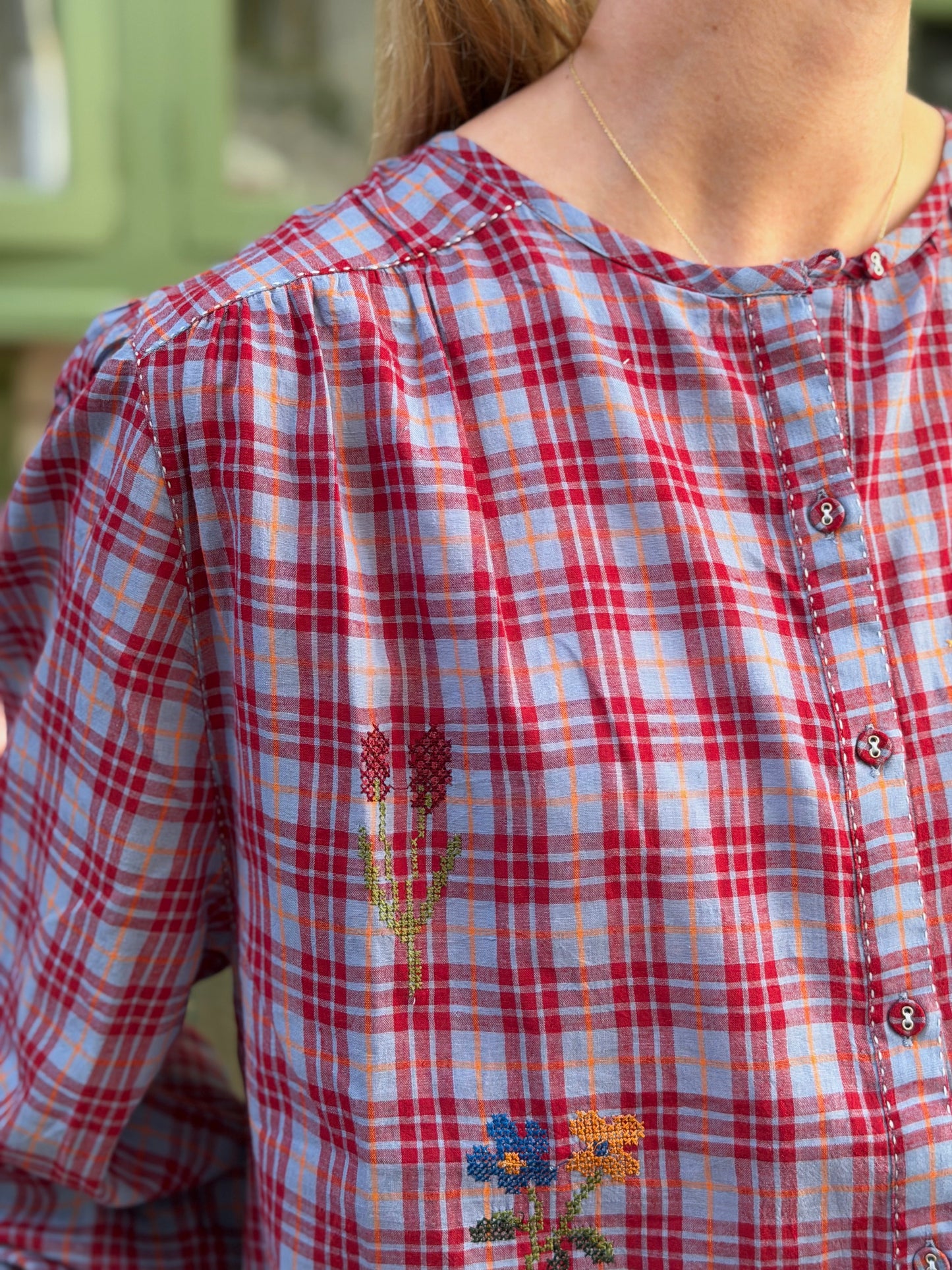 Tartan Button Up Shirt With Floral Embroidery