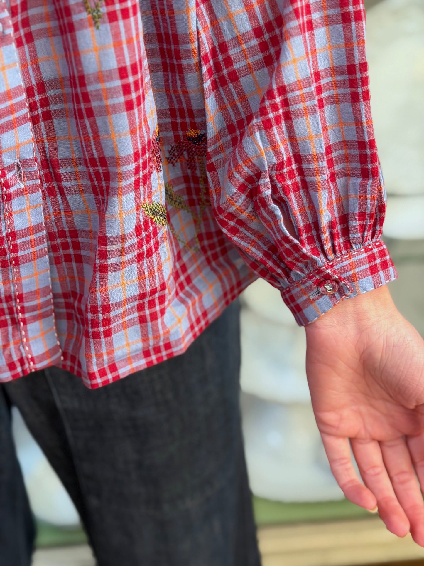 Tartan Button Up Shirt With Floral Embroidery