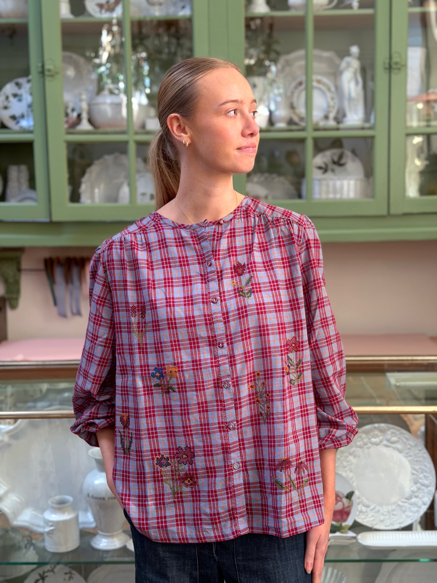 Tartan Button Up Shirt With Floral Embroidery